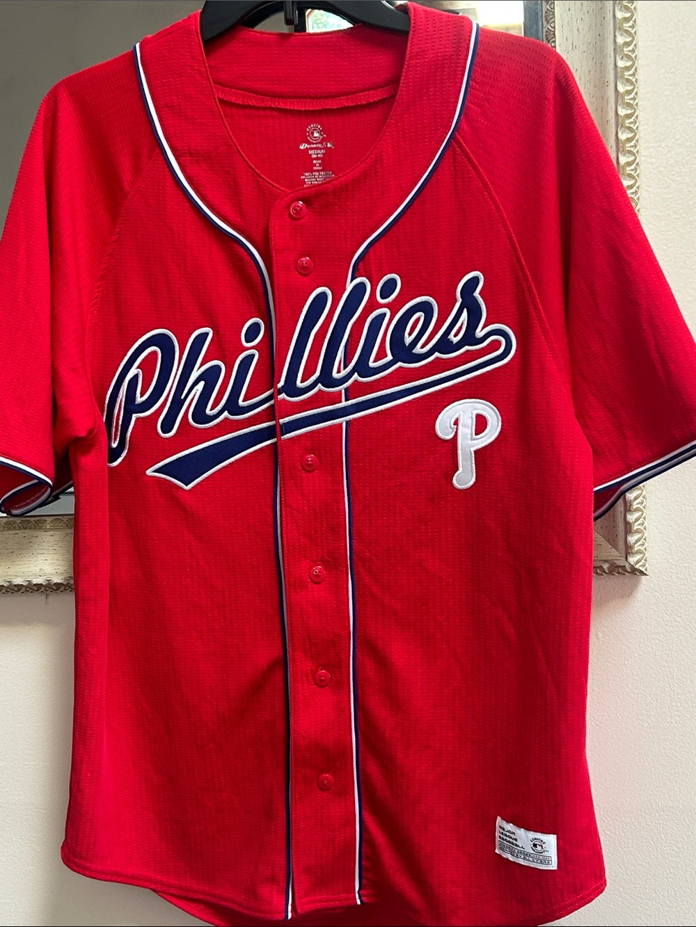 Phillies men’s  Red Baseball Jersey with Navy & White Trim